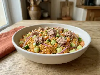 Salade de lentilles corail, thon et légumes croquants