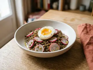 Salade de lentilles vertes, radis et œuf mollet