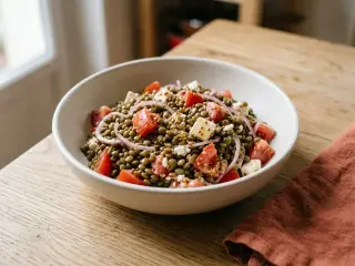 Salade de lentilles vertes, tomates et feta, vinaigrette moutardée