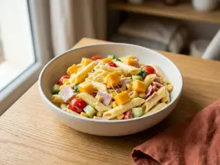 Salade de pâtes au jambon, cheddar et maïs