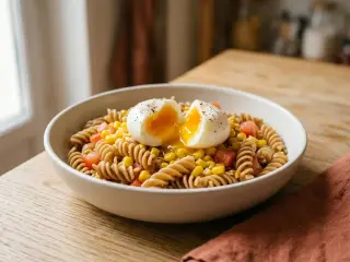 Salade de pâtes complètes, maïs et œuf poché