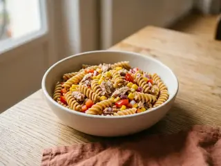 Whole wheat pasta salad with tuna and corn