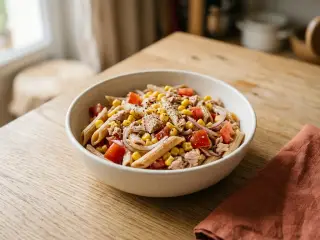 Salade de pâtes complètes, thon, maïs et tomates