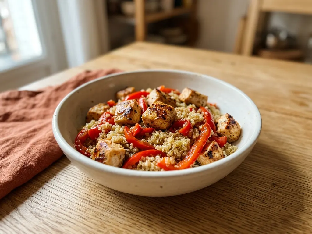 Salade de poulet grillé, quinoa et poivrons marinés, une idée de présentation