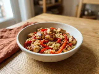Salade de poulet grillé, quinoa et poivrons marinés