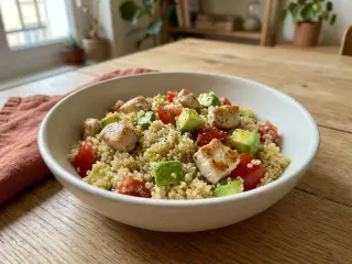 Salade de quinoa, avocat et dés de poulet