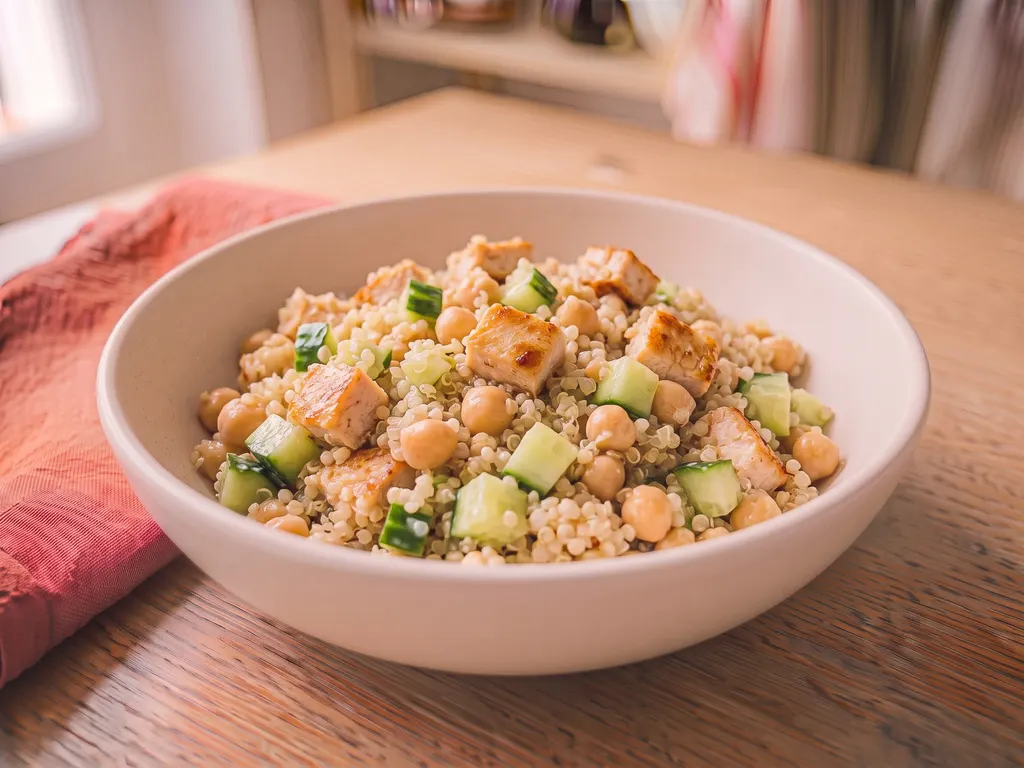 Quinoa salad with chickpeas and diced chicken, a serving idea