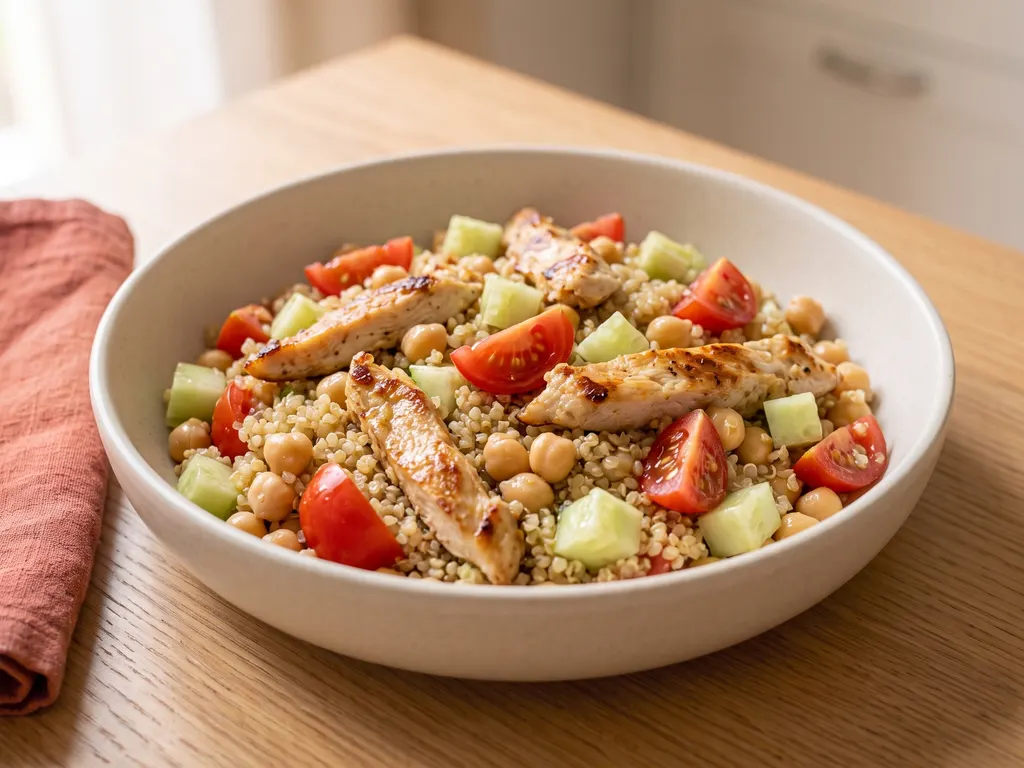 Salade de quinoa, pois chiches et poulet grillé, une idée de présentation