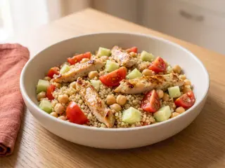 Salade de quinoa, pois chiches et poulet grillé
