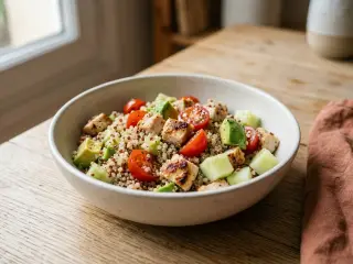 Salade de quinoa, poulet grillé, avocat et tomates cerises