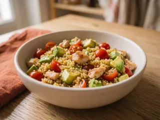 Salade de quinoa, poulet grillé et avocat