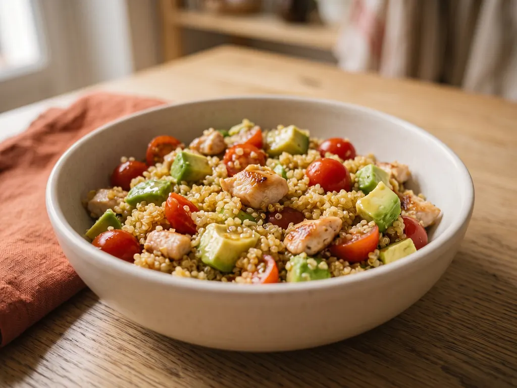 Salade de quinoa, poulet grillé et avocat, une idée de présentation