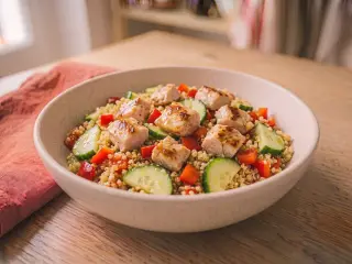 Salade de quinoa, poulet grillé et légumes croquants