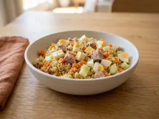 Salade de quinoa, thon, œufs durs et légumes croquants