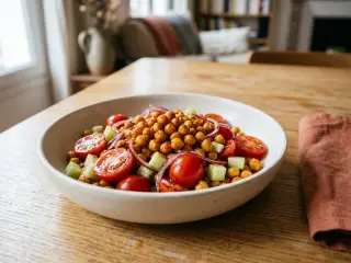 Salade tiède de pois chiches, tomates et concombre au paprika