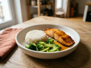Saumon glacé au miel et soja, riz et brocoli