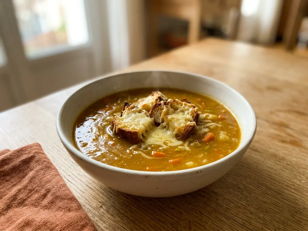 Soupe de légumes d'automne et croûtons au fromage fondu, une idée de présentation