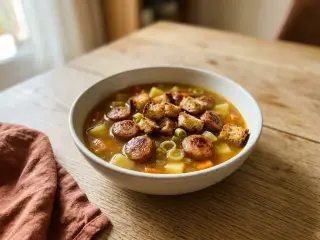 Soupe de légumes de saison à la saucisse et croûtons