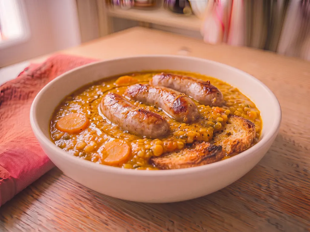 Soupe de lentilles corail, saucisses de Toulouse et pain complet, une idée de présentation