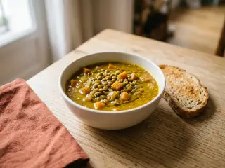 Soupe de lentilles vertes et carottes, tartines de pain complet