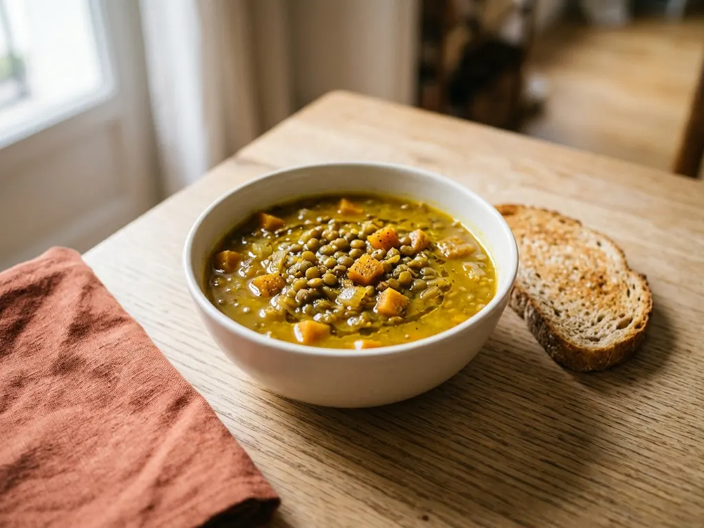 Soupe de lentilles vertes et carottes, tartines de pain complet
