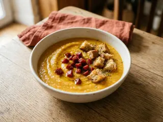 Soupe de pois cassés à la carotte et chorizo léger, croûtons maison