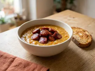 Soupe de pois cassés à la saucisse fumée et pain complet