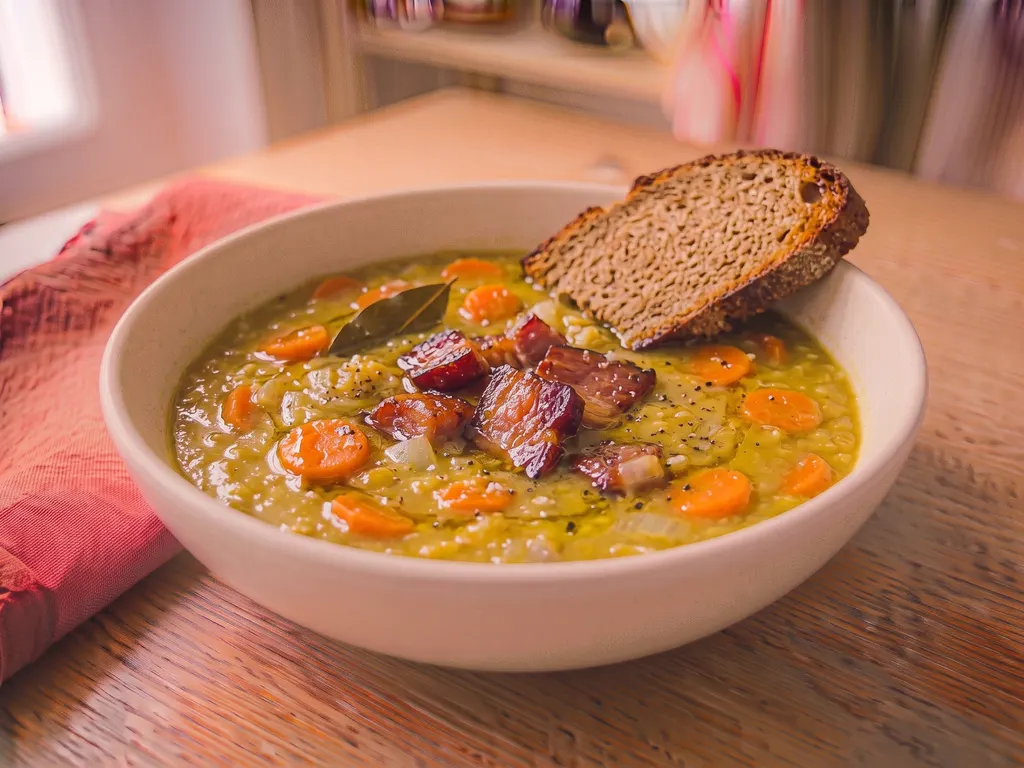 Split pea soup with smoked bacon and whole wheat bread, a serving idea