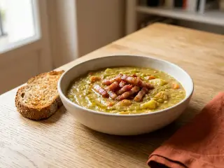 Split pea soup with turkey bacon and whole wheat bread