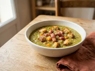 Soupe de pois cassés aux lardons et croûtons