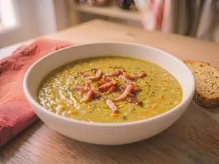 Soupe de pois cassés aux lardons et pain complet