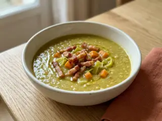 Soupe de pois cassés et lardons de dinde fumés