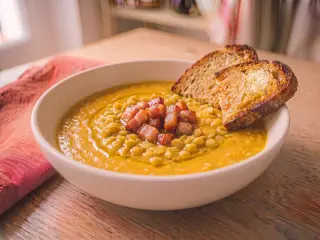 Soupe de pois cassés et lardons, tartines de pain complet
