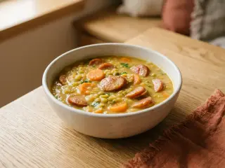 Soupe de pois cassés et saucisses fumées