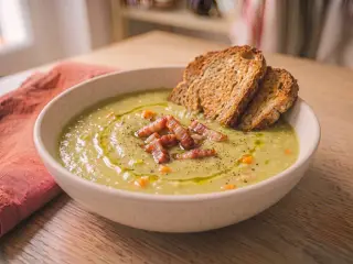 Soupe de pois cassés, lardons et pain complet