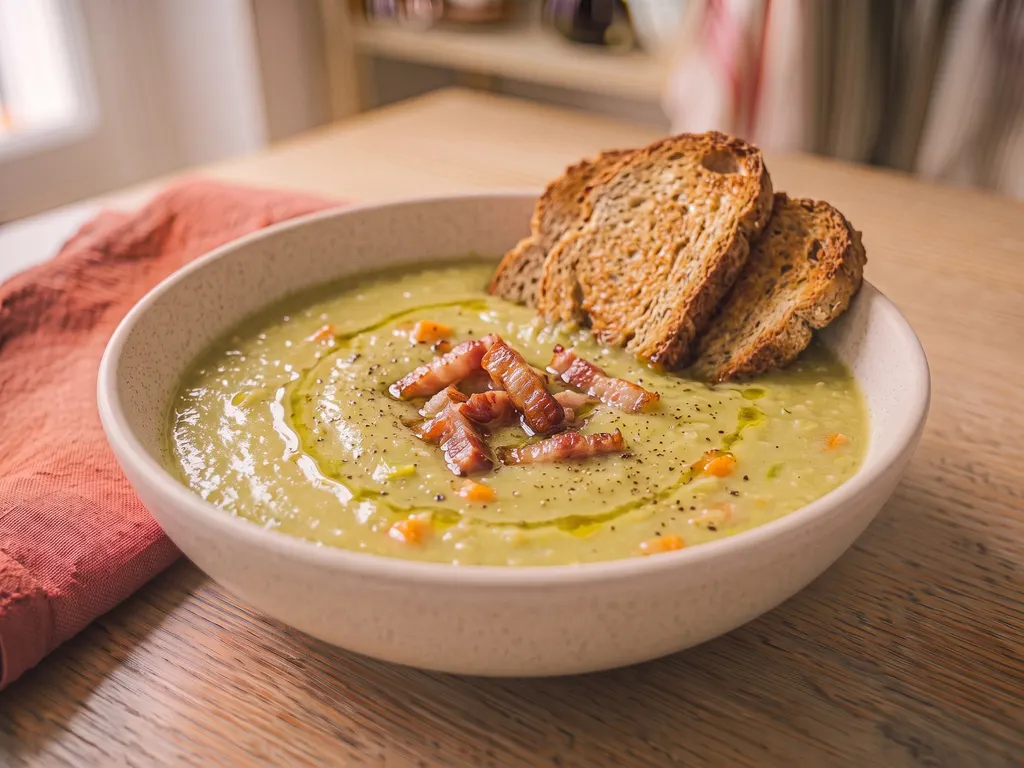 Split pea and bacon soup with whole wheat bread, a serving idea