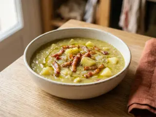 Soupe de pois cassés, lardons et pommes de terre
