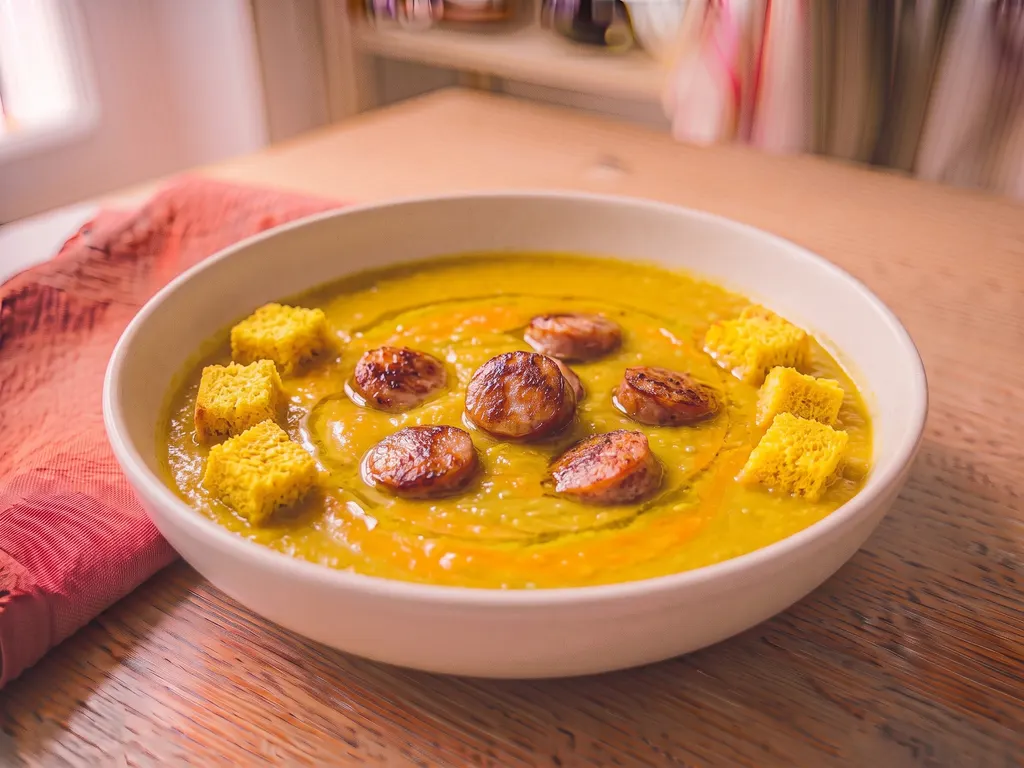 Soupe de pois cassés, saucisses de Toulouse et pain complet, une idée de présentation