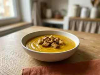 Soupe de potiron et carottes au curry, croûtons maison