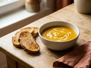 Soupe de potiron et carottes au gingembre, tartines de pain complet