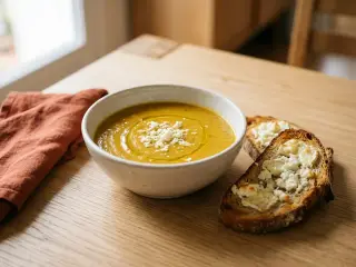 Soupe de potiron et lentilles vertes, tartines de chèvre