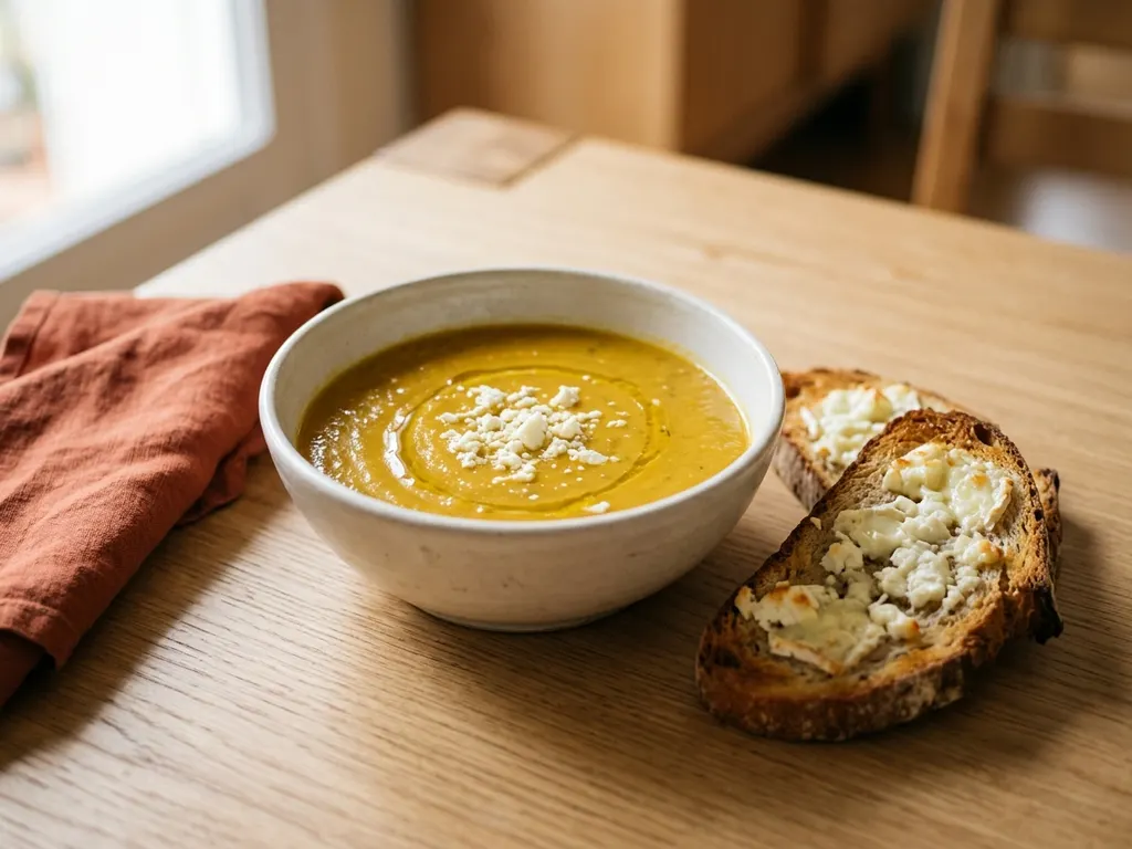 Pumpkin and green lentil soup with goat cheese toast, a serving idea
