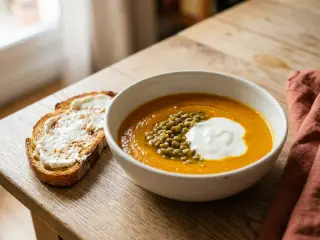 Soupe de potiron et lentilles vertes, tartines de fromage frais