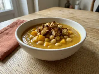 Soupe de potiron et pois chiches, croûtons à l'ail