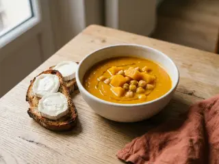 Pumpkin and chickpea soup with goat cheese toast