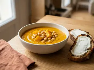 Soupe de potiron et pois chiches, tartines de fromage de chèvre