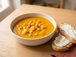Pumpkin and chickpea soup with cream cheese toast