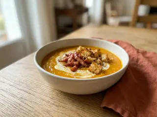 Soupe de potiron, lardons et croûtons à l'ail