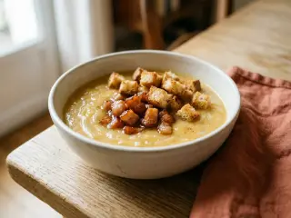 Soupe de potiron, lardons et croûtons