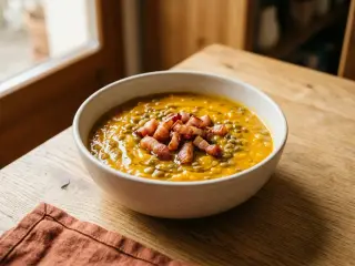 Soupe de potiron, lentilles vertes et lardons